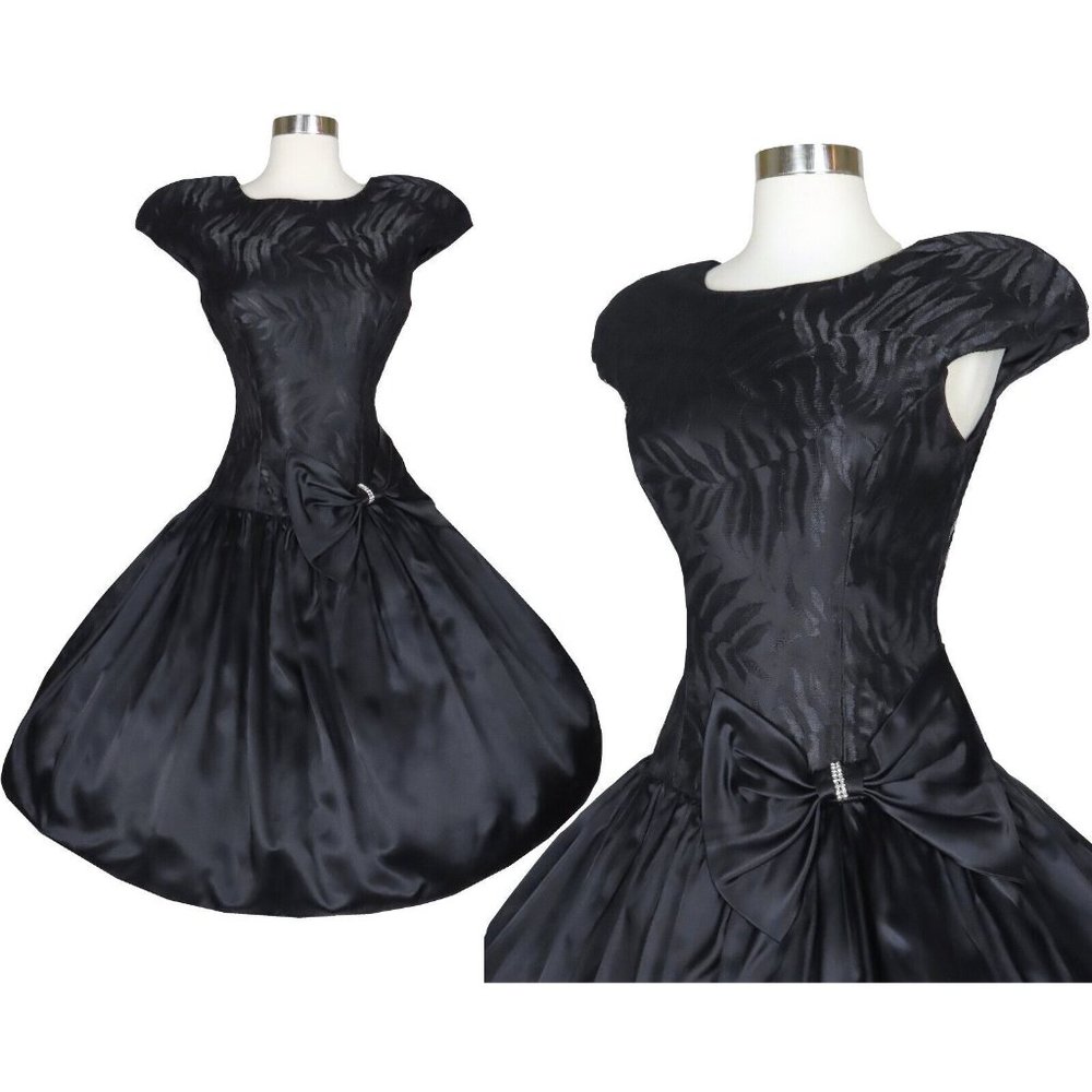 Vintage 80s Black Lace Satin Full Skirt Prom Cocktail Party Dress Bow S Small